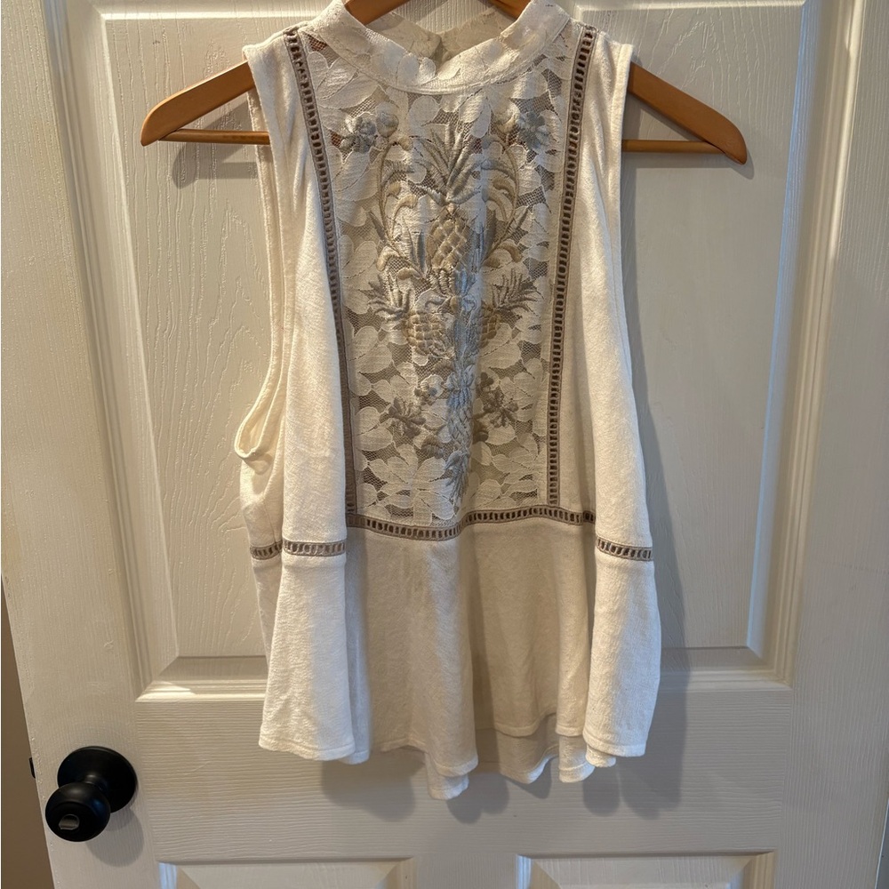 Free People Ivory Halter Embroidered Pineapple Lace Inset
